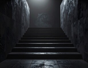Dark, moody stairway in a textured, subterranean space