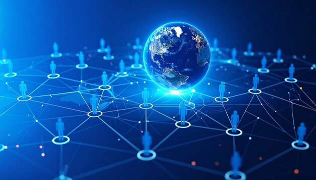 Glowing Earth with connected nodes and silhouettes—symbolizing global digital network.