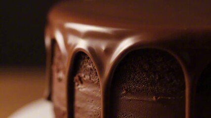 A decadent close-up of a rich chocolate fudge cake, with glossy ganache frosting dripping elegantly down the moist, dark layers in a beautiful display - Powered by Adobe
