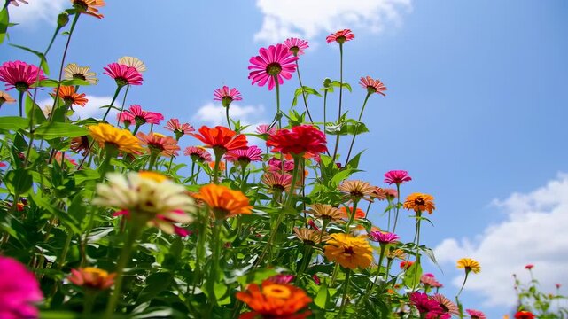 Vibrant zinnia flowers against a vibrant blue sky