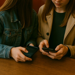 teeneagers at the cafe, each with their own smartphone AI generated