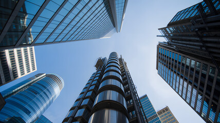 Stunning modern skyscrapers reach for the clear blue sky, a vibrant urban landscape showcasing architectural innovation and business power in the city center