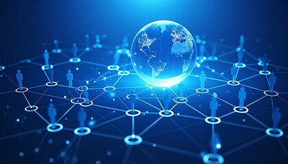 Glowing Earth with connected nodes and silhouettes—symbolizing global digital network.