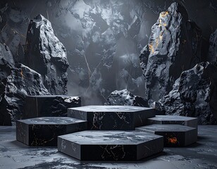 Dark, rocky pedestal display