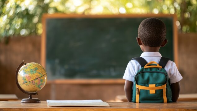 A young African schoolboy sits facing a blackboard, his backpack beside him, ready for class