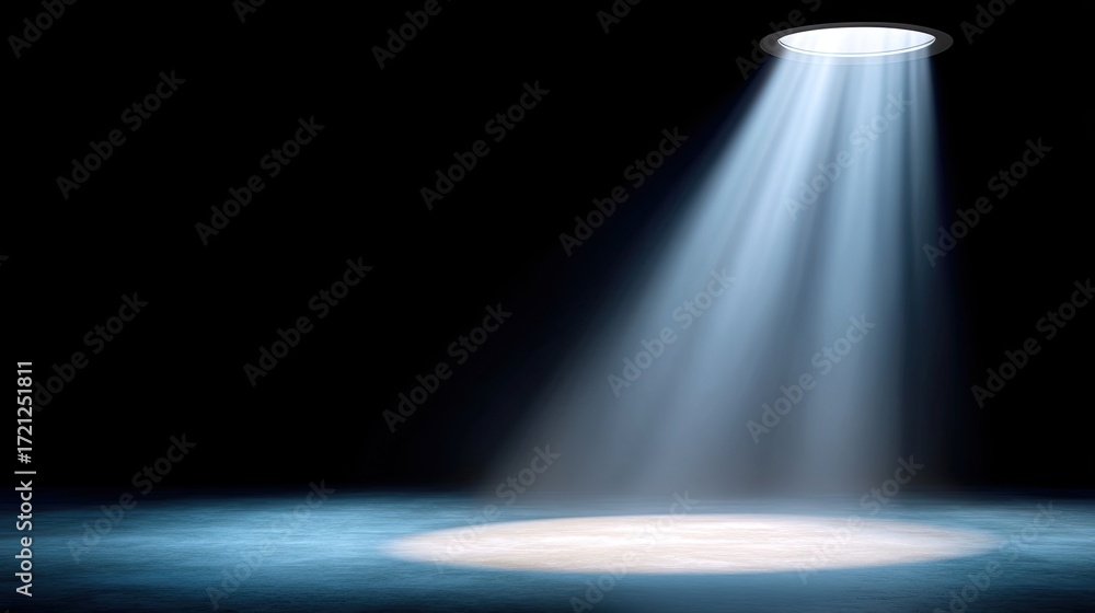 Poster dramatic spotlight illuminating a dark stage with soft blue and white light casting shadows and crea