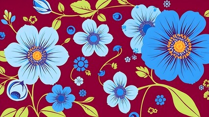 Seamless Floral Pattern with Blue and White Flowers on Red Background, Decorative Botanical Textile Print for Fabric and Wallpaper Design
