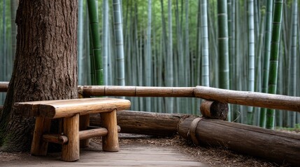 Bamboo forest path featuring a wooden park bench in a tranquil outdoor setting during autumn