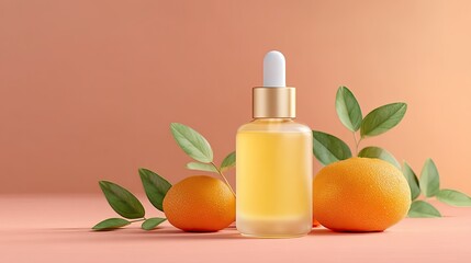 Natural Citrus Essential Oil Bottle Surrounded by Fresh Oranges and Green Leaves on Soft Pastel Background