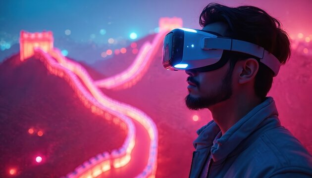 Man explores virtual reality metaverse, interacting with neon-lit digital Great Wall of China. Futuristic goggles display vibrant pink, blue, purple hues, global connection, technological innovation.