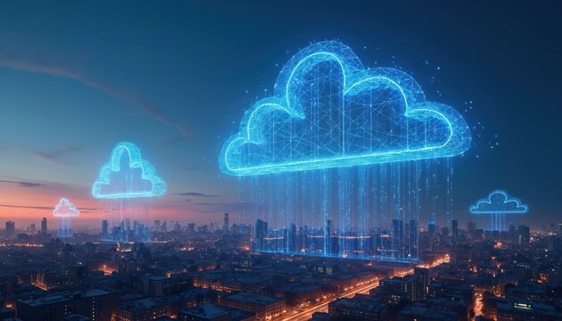 Digital illustration shows glowing blue cloud technology over city skyline at dusk. 5G wireless network, high-speed internet data transfer connects urban infrastructure. Cloud computing concept.