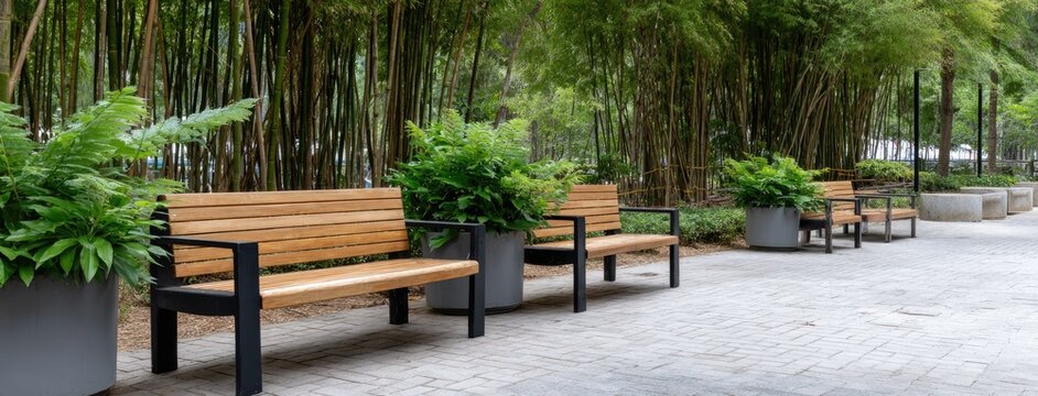 Bamboo forest path featuring a wooden park bench in a tranquil outdoor setting during autumn - Powered by Adobe