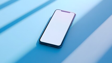 Photograph of a blue smartphone resting on a gradient blue surface with a blank screen.