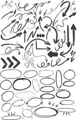 Red crayon arrow doodles collection - hand sketched curved lines, round swirls, pointers. Artistic scribbles, design elements set. Grunge style chaotic strokes drawings, marker pencil chalk vector.