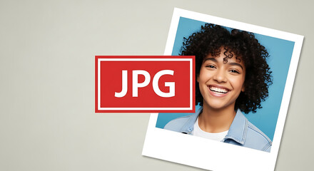 Conceptual illustration of the JPG image file format featuring a cheerful portrait of a beautiful young woman in a polaroid-style frame