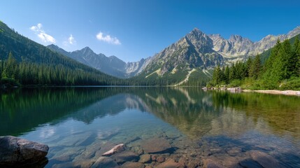 Serene Mountain Lake Surrounded by Lush Forests and Majestic Peaks on a Clear Sunny Day