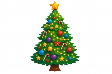 Decorated christmas tree with colorful ornaments, candy canes, and shining lights, holiday celebration symbol