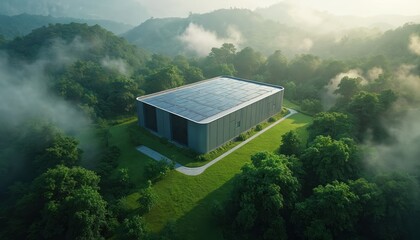 Aerial view shows modern data center nestled within rich green forest. Building features solar panels on roof, surrounded by mist-covered mountains, symbolizing eco-friendly cloud computing solutions.