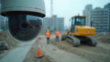 Fototapeta premium Security camera observes urban construction site activity. Men in safety vests work near heavy machinery. Daylight illuminates building progress, industry development, infrastructure engineering.
