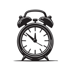 Monochromatic Alarm Clock Illustration Classic Timepiece Design Simple Black and White Vector Graphics Old Fashioned Reminder Symbol