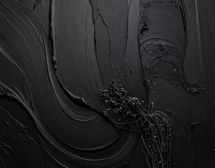 Dark, textured, abstract painting with dried flowers