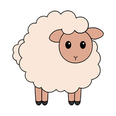 A charming cartoon illustration of a fluffy light pink sheep with big black eyes and a small pink nose standing on four legs against a black background