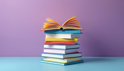 Stack of colorful books with open book on top. Purple background, vibrant arrangement. Represents literature, wisdom, learning, cognition. Ideal for educational, cultural, art-related concepts.