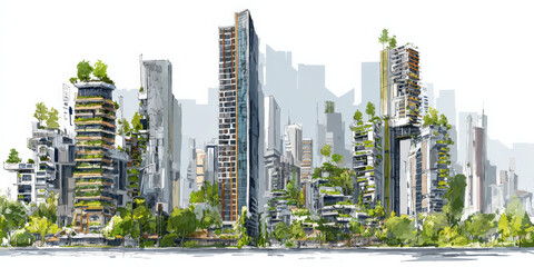 Futuristic cityscape showcases innovative skyscrapers with lush greenery, reflecting sustainable urban development and smart climate technology. vibrant scene emphasizes eco friendly architecture