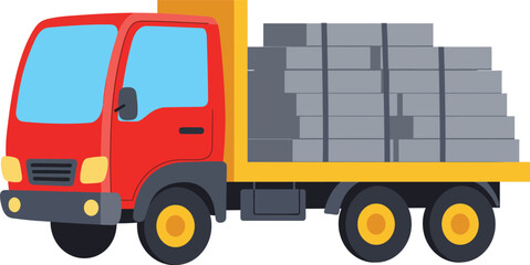 Fototapeta premium Red flatbed truck transporting gray cargo boxes and building materials for logistics and delivery services isolated on transparent background