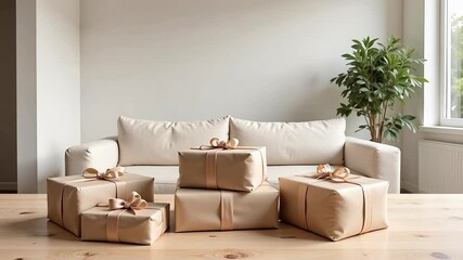 Elegant gifts wrapped with ribbons creating anticipation and joy in modern home setting, perfect for holidays, birthdays, or special occasions video