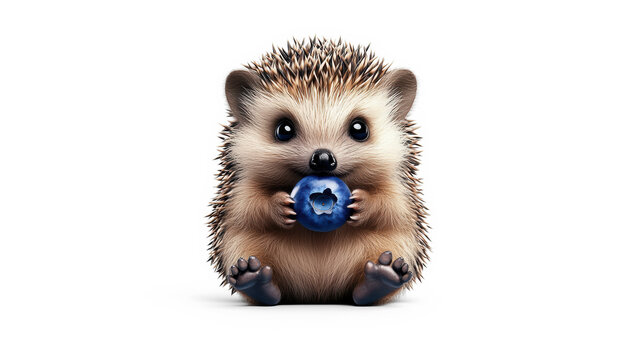 Cute Hedgehog Holding Blueberry on Transparent Background
