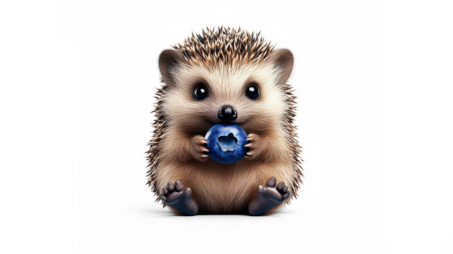Cute Hedgehog Holding Blueberry on Transparent Background - Powered by Adobe