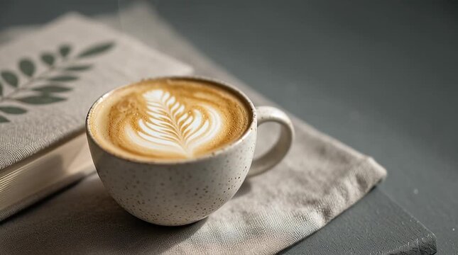 Rustic still life of a latte with rosette latte art in a ceramic cup on a wooden board.