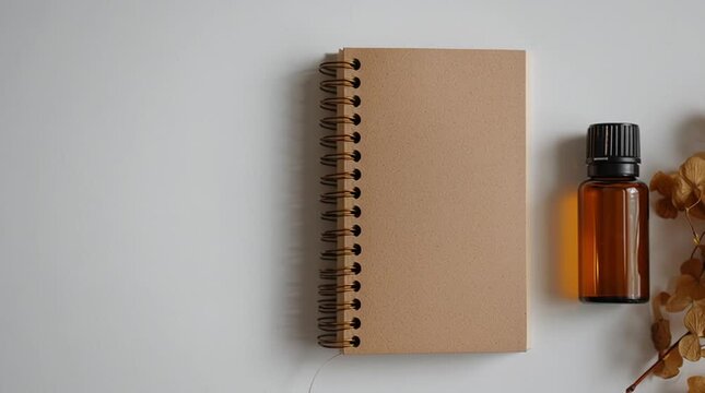 Minimalist spiral notebook with kraft cover standing against a clean neutral background.