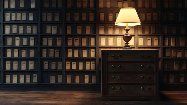 Digital render depicts a dark, imposing wooden library filled with shelves of books and a single lamp.