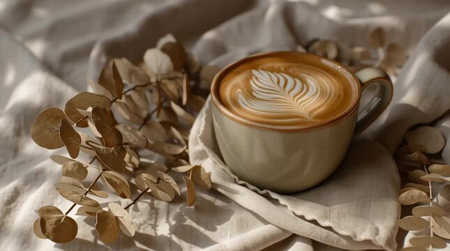 Cup of latte with intricate rosette latte art nestled among dried hydrangea petals.