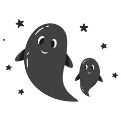 Two Cute Cartoon Ghosts Floating Among Stars.