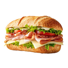 Gourmet sub sandwich with ham, cheese, and veggies