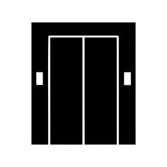 Simple black and white illustration of closed elevator doors in a lobby