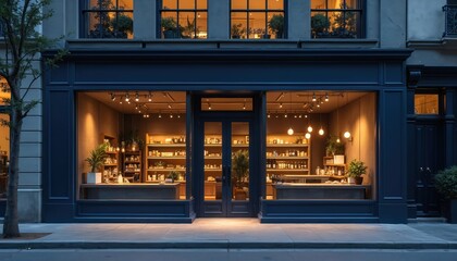 Modern storefront at night, lit by warm interior lighting. Features large display windows, dark blue facade, shelves stocked with products. Urban street scene with brick building exterior, sidewalk.