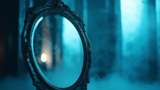 An ornate oval mirror in a smoky blue-lit room, with fog swirling around and a faint reflection.