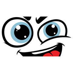 Cartoon face with big eyes and a wide smile.