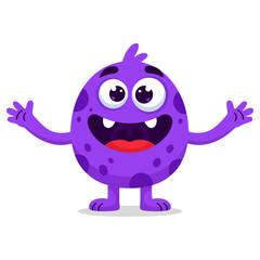Cheerful purple monster with open arms and big smile.