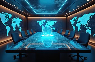 Futuristic conference room designed for global peace talks. Features advanced tech, digital screens with world maps, central holographic globe. Modern chairs, tables facilitate collaboration,