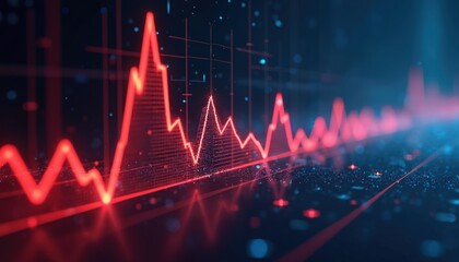 Digital illustration of heartbeat analytics, showing vital signs, data insights with red pulse line graph on dark blue grid background. Visualization represents health care, cardiology, technology