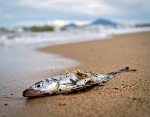 Dead fish on a sandy beach near the ocean