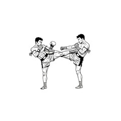 Muay Thai fighters sparring intense kickboxing match.