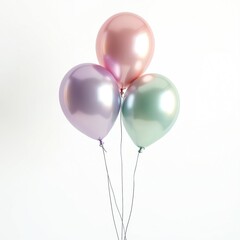 Pastel iridescent balloons illustration. Rendered in 3D, balloons in pink, purple, green shades, against white backdrop. Ideal design for birthday party, celebration decor, festive events.