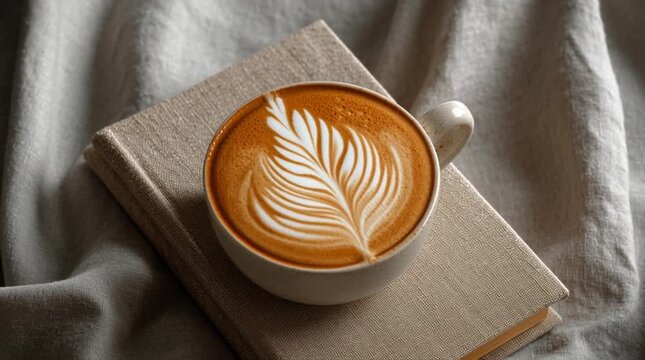 Cup of latte with intricate rosette latte art on a creamy foam surface