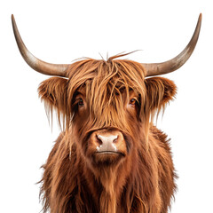 Majestic highland cow portrait with long shaggy hair and curved horns